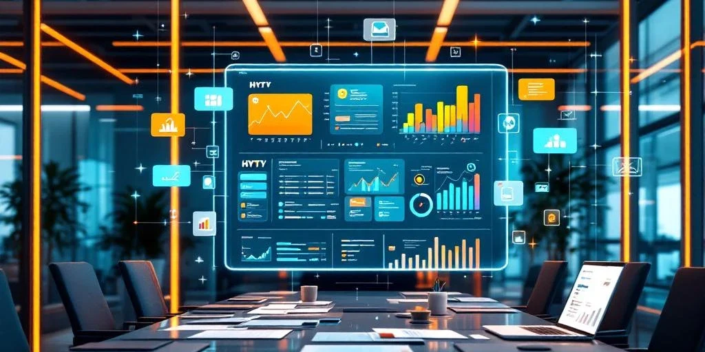 Professionele kantooromgeving met digitaal dashboard, grafieken en communicatiesymbolen boven moderne werkplek