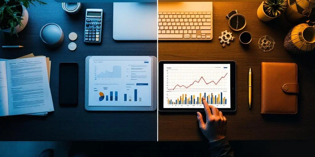 Split-screen vergelijking van basis kantoorbenodigdheden links versus premium zakelijke apparatuur rechts op bureaus