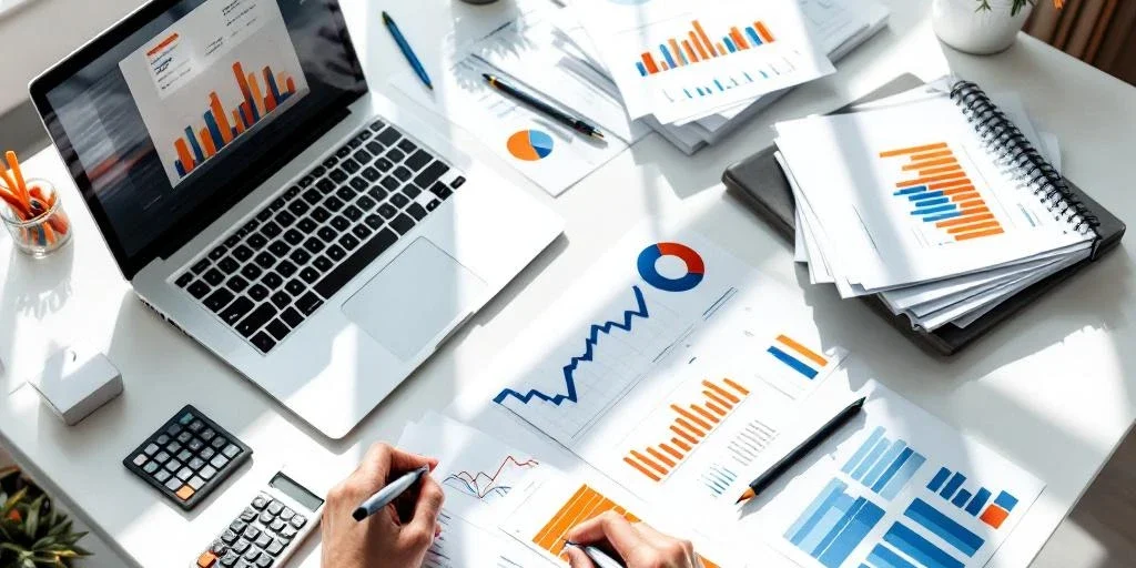 loonlijst-beheer-kantoor-bureau-spreadsheets.jpg Georganiseerd kantoorbureau met salarisadministratie documenten, laptop met financiële grafieken en rekenmachine van bovenaf