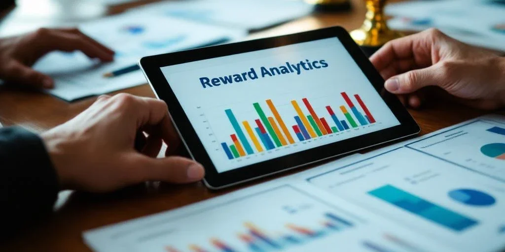 Tablet toont kleurrijke analytics grafieken op houten vergadertafel met financiële rapporten en gouden trofee op achtergrond