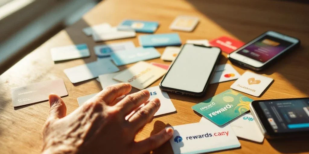 Handen reiken naar tafel met uitgespreide loyaliteitskaarten en smartphones met beloningsapps in warm natuurlijk licht