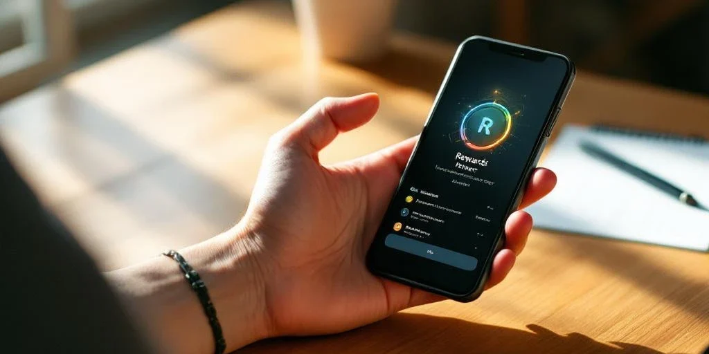 Hand houdt smartphone vast met beloningen-app op houten bureau met kalender en pen in natuurlijk licht