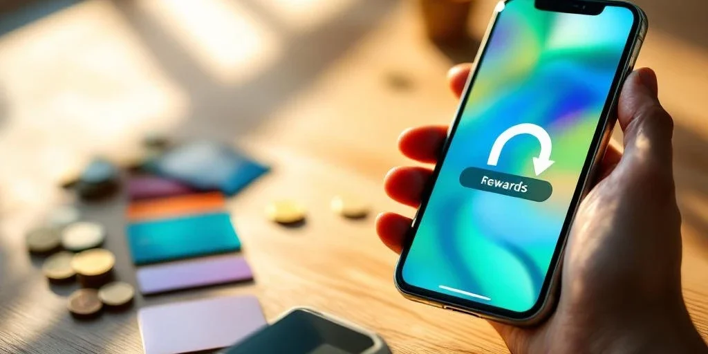 Hand met smartphone toont kleurrijke beloningen-app, omringd door loyaliteitskaarten en munten op houten tafel