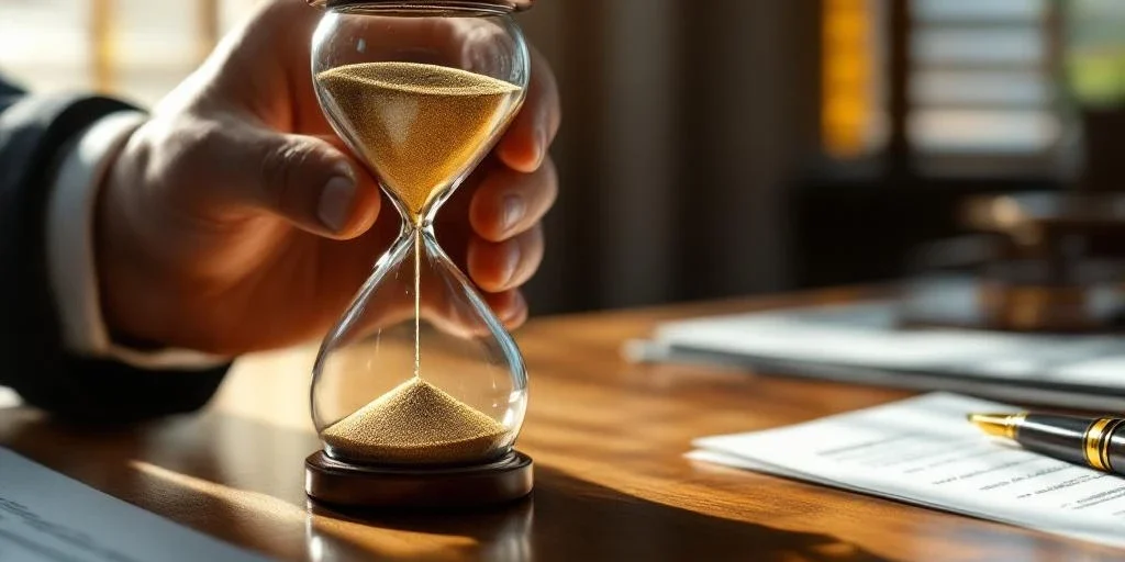 tijd-management-zandloper-professioneel-bureau.jpg Professionele hand houdt elegante zandloper met gouden zand op mahonie bureau naast juridische documenten
