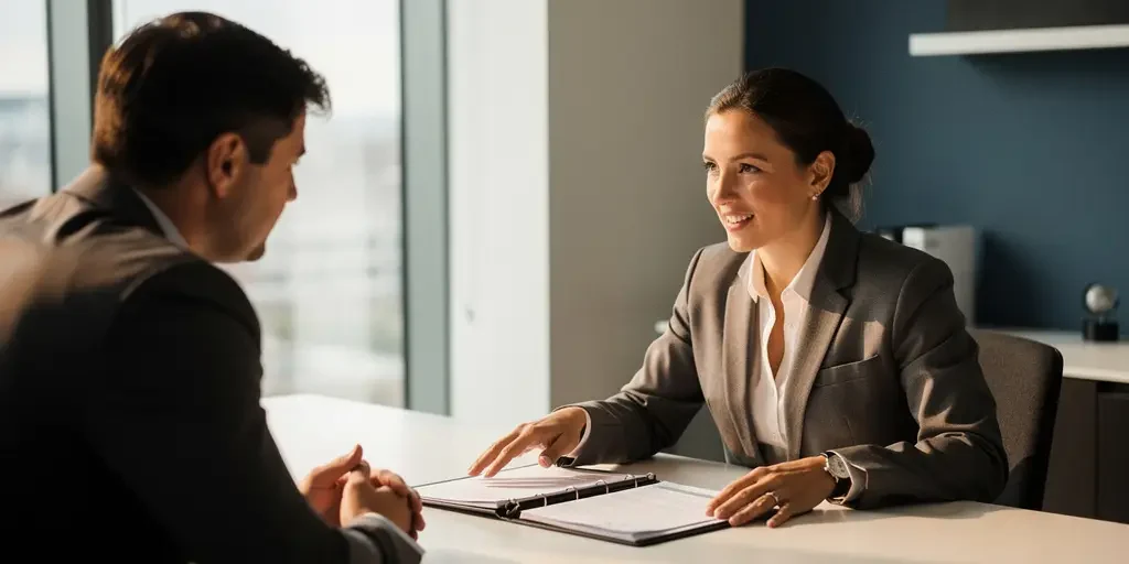 accountmanager-klant-gesprek-document-overleg.jpg Accountmanager schuift een documentmap over een moderne vergadertafel naar een klant tijdens een professioneel gesprek.
