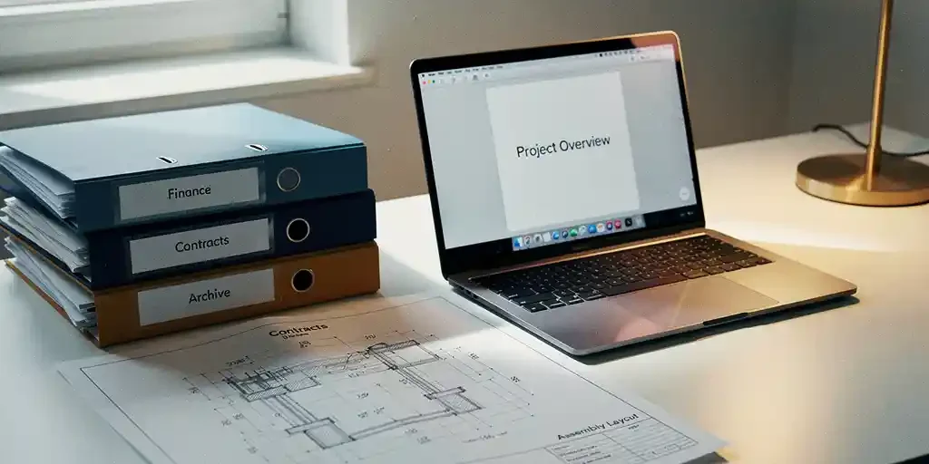 administratief-bureau-laptop-contracten-werkplek.jpg Georganiseerd kantoorbureau met administratiemappen, contracten en open laptop op een technische tekening, verlicht door warm amberkleurig bureaulamp.