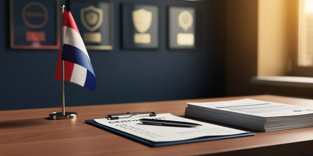Georganiseerd bureau met checklist klembord, arbeidscontracten, Nederlandse vlag en pen in warm kantoorlicht.