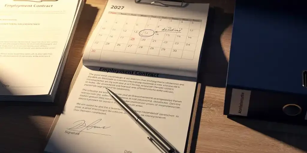 arbeidscontract-deadline-administratie-bureau.jpg Bureau met 2027-kalender opengeslagen op een deadlinepagina, omringd door arbeidscontracten, een klembord en een Nederlandse administratiemap in warm amberkleurig licht.