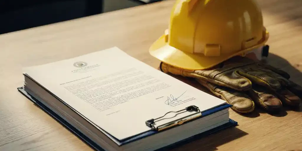 arbeidscontract-documenten-veiligheid-bureau.jpg Gestapelde arbeidscontracten met een metalen bindclip op een eikenhouten bureau, naast een bouwhelm en veiligheidshandschoenen.