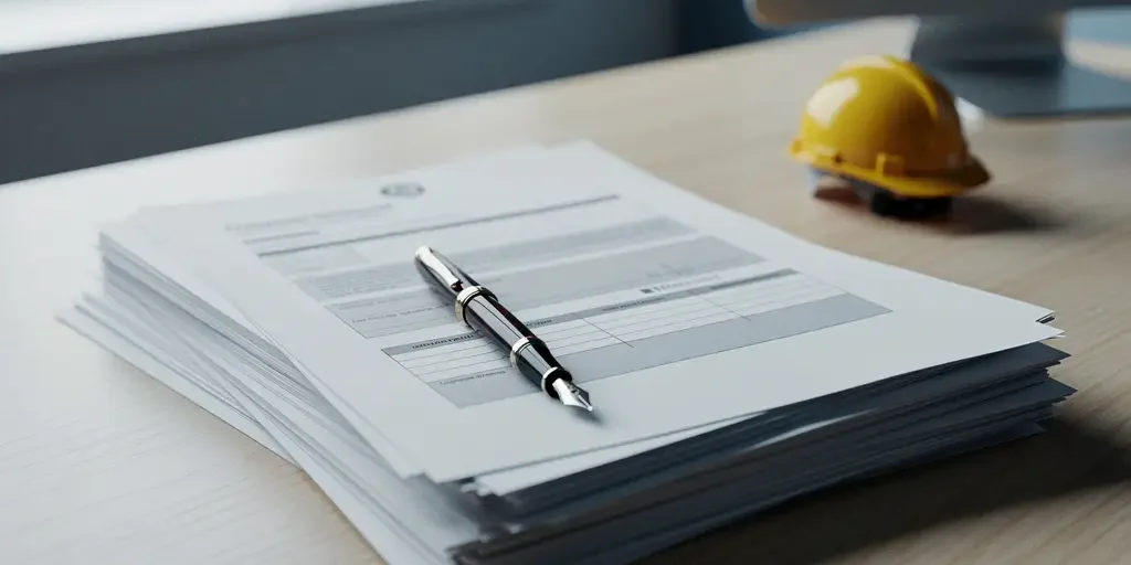 arbeidscontract-administratie-bouw-documenten.jpg Stapel administratieve documenten en arbeidscontracten op een bureau, met een vulpen en miniatuur bouwhelm op de achtergrond.