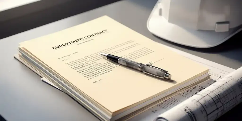 arbeidscontract-bouwsector-juridische-documenten.jpg Stapel arbeidscontracten en juridische documenten op kantoorbureau, met bouwhelm, technische tekening en pen op de bovenste pagina.