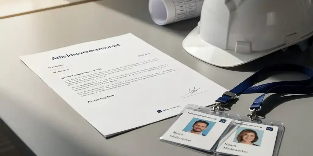 Nederlands arbeidscontract op bureaublad naast bouwhelm, technische tekening en twee overlappende personeelspassen die uitzendarbeid symboliseren.