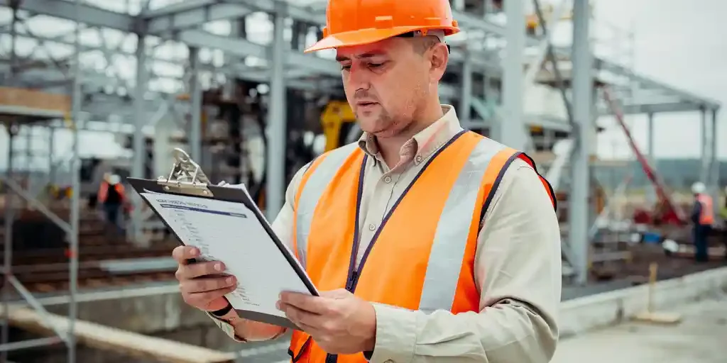 arbeidsinspecteur-veiligheidscontrole-bouwplaats-documentatie.jpg Arbeidsinspecteur met helm en veiligheidsvest controleert klembordchecklist op industriële bouwplaats met staalstructuren op achtergrond.