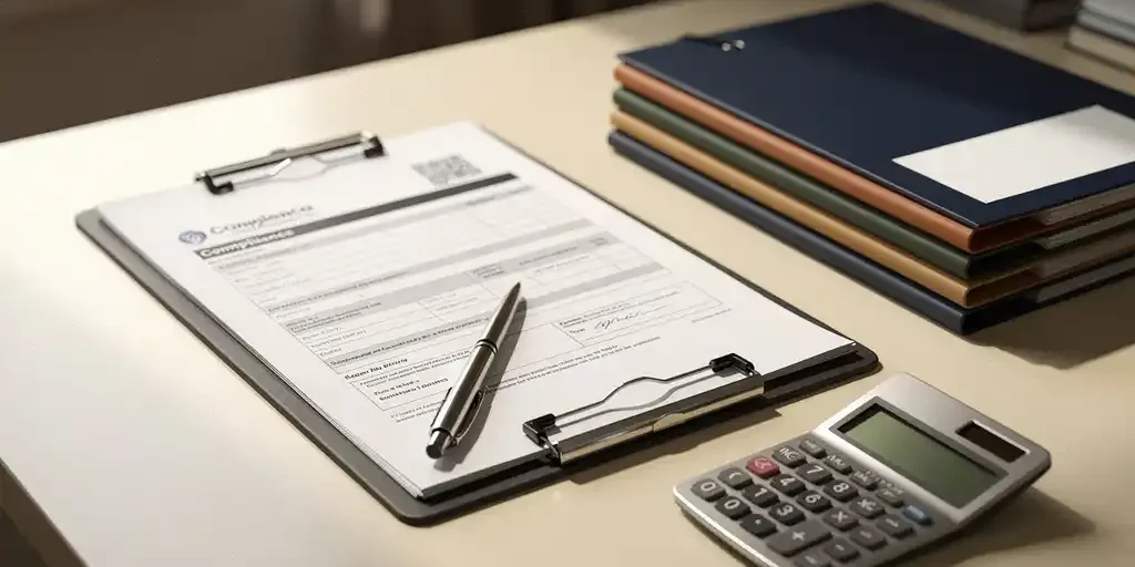 naleving-documenten-kantoor-bureau-administratie.jpg Klembord met compliance-documenten en pen op opgeruimd kantoorbureau, naast gelabelde mappen en rekenmachine, warm natuurlijk licht.