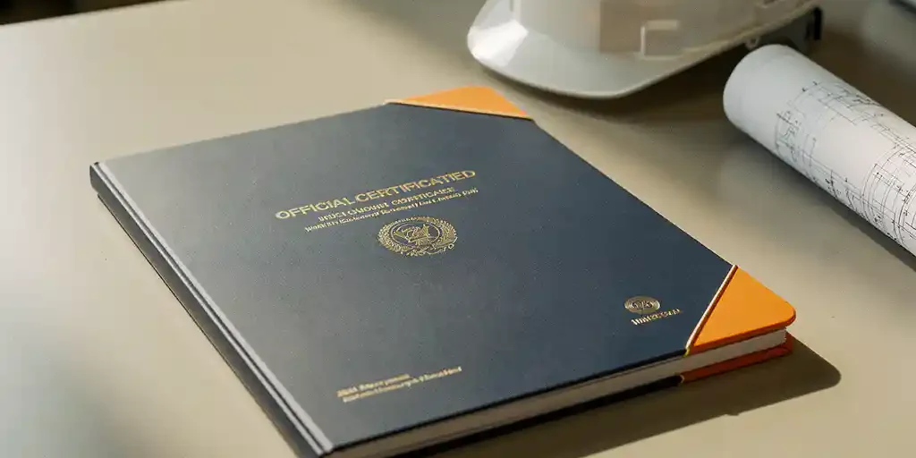 Officiële certificeringsmap op industrieel bureau naast veiligheidshelm en technische bouwtekening, warm kantoorlicht.