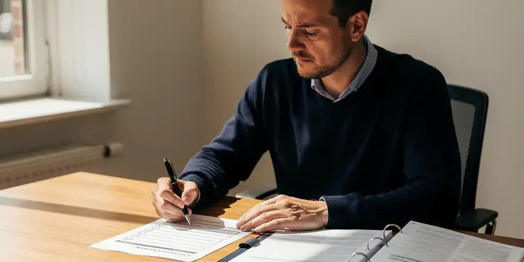 Professional bestudeert papieren checklist en officiële documenten aan houten bureau in warm verlicht Nederlands kantoor.