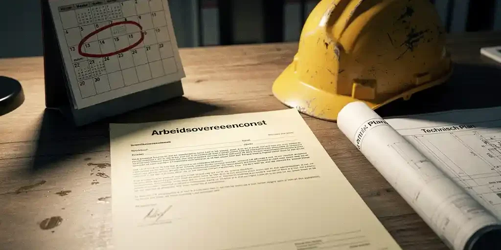 Ongetekend officieel document op bureaubureau van uitzendbureau, met rode kalender, bouwhelm en technische blauwdrukken op de achtergrond.
