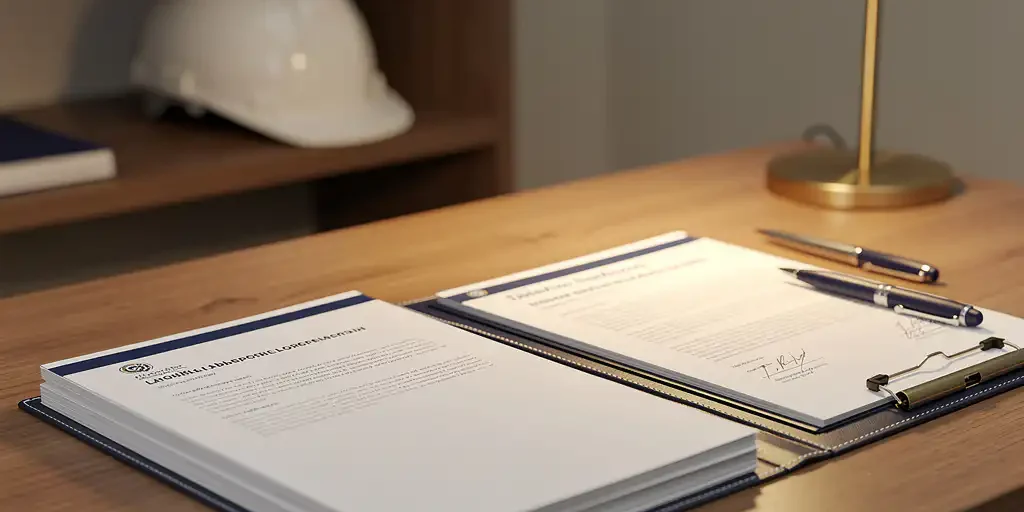 naleving-arbeidsrecht-administratie-bouw-documenten.jpg Administratief bureau met arbeidsovereenkomsten, clipboard en beleidsmap in de bouwsector, met veiligheidshelm op achtergrond.