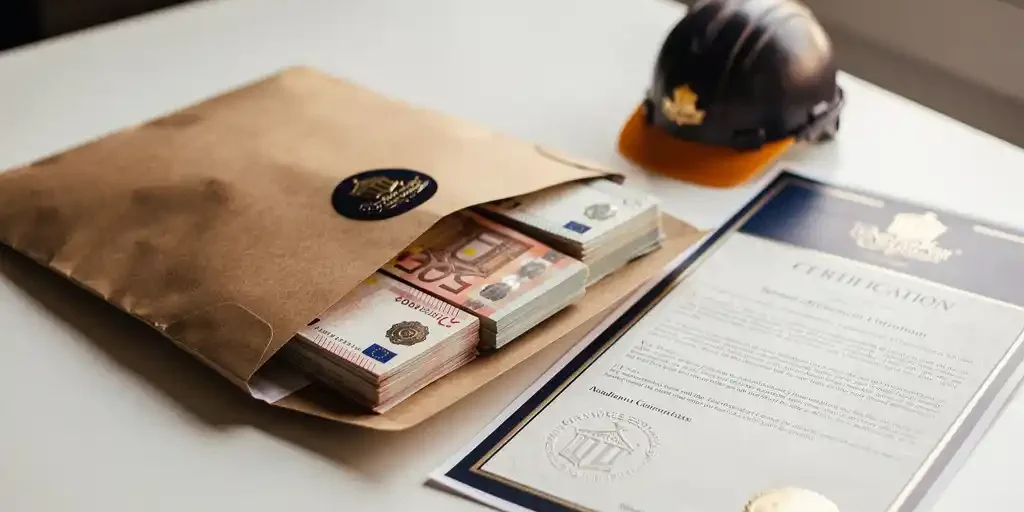 bouwvergunning-subsidie-euro-envelop-certificaat.jpg Bruine envelop gevuld met eurobiljetten naast een officieel gecertificeerd document en miniatuur bouwhelm op wit bureau.