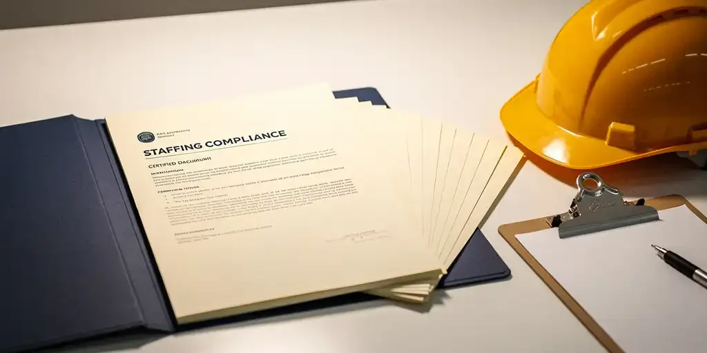 gecertificeerde-personeelscompliance-document-map.jpg Open compliance-map op industrieel bureau met gele veiligheidshelm en metalen klembord, zachte kantoorverlichting.