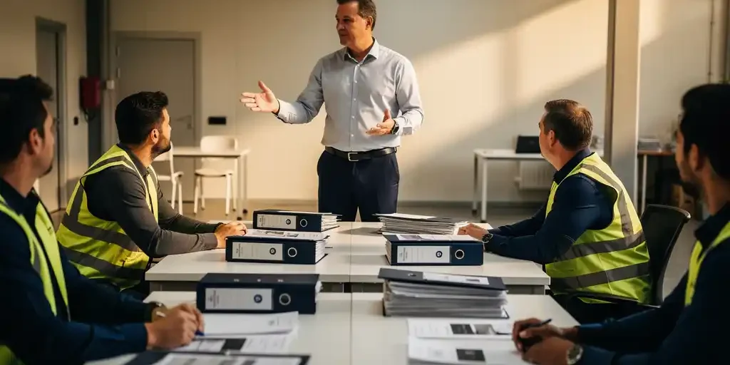 Trainer geeft instructie aan technische medewerkers in veiligheidsvesten in een moderne industriële trainingsruimte met officiële werkmappen.