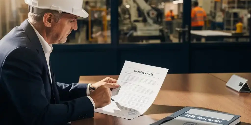 Hiring manager met bouwhelm bekijkt nalevingsdocument aan industrieel bureau, met officiële map en pen, fabriekshal op achtergrond.