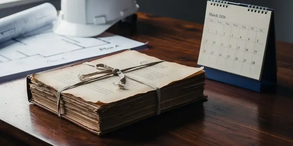 juridisch-document-bouw-overgang-bureau.jpg Officieel juridisch document gebonden met lint op houten bureau, naast opengeslagen kalender en bouwhelm met technische tekening op achtergrond.