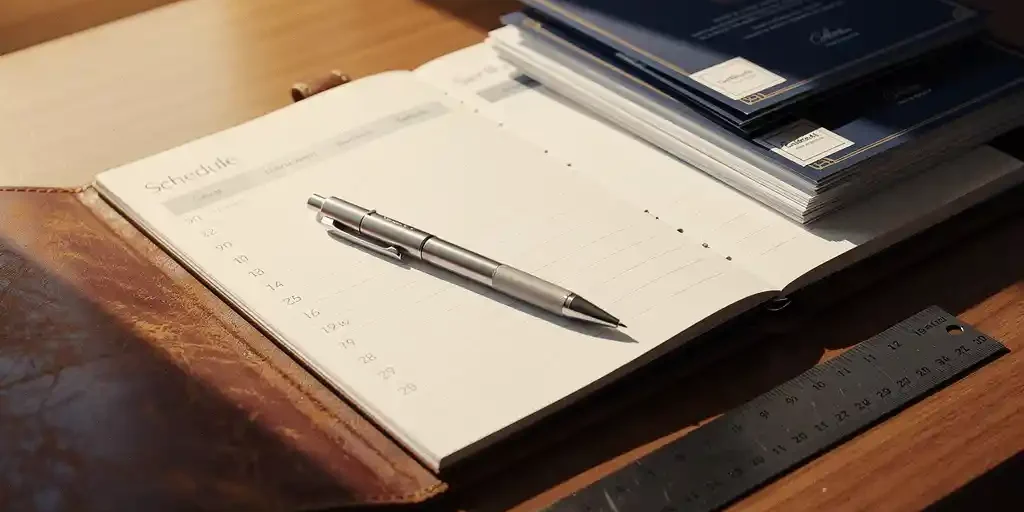 Versleten leren bureauagenda open op een tijdlijnpagina met handgeschreven schema, mechanisch potlood en certificaten in warm amberkleurig licht.