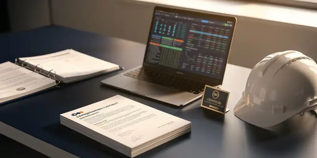 naleving-arbeidscontract-werkplek-compliance.jpg Bureau met opengeslagen compliance-map, Nederlands arbeidscontract, laptop met personeelsdata en veiligheidshelm met certificeringsbadge.