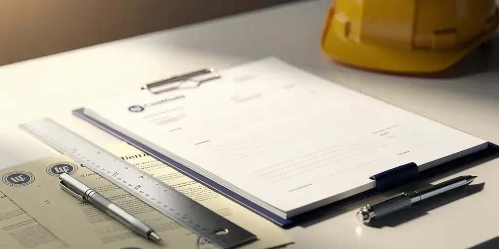 Bureau met open compliance-map, uitgespreide certificeringsdocumenten, stalen liniaal, mechanisch potlood en gele bouwhelm op de achtergrond.