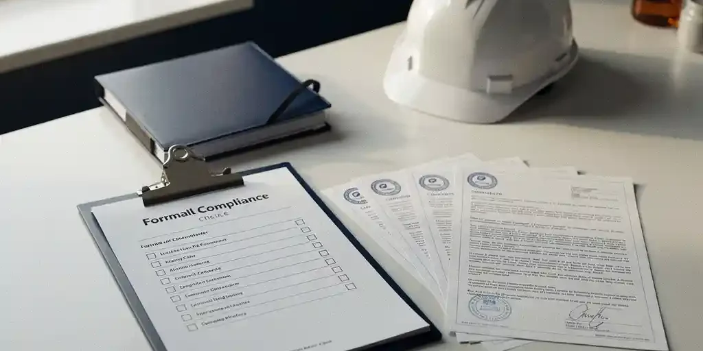 Klembord met nalevingschecklist op kantoorbureau, naast administratieve map en afgestempelde contractdocumenten, bouwhelm op achtergrond.
