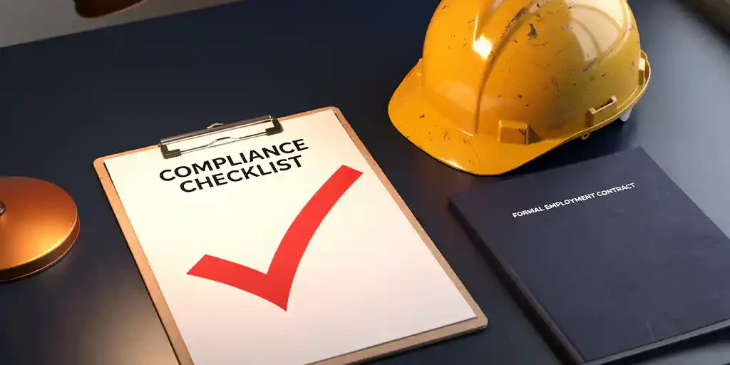 Compliance checklist klembord met rood vinkje naast veiligheidshelm en arbeidscontract op kantoorbureau, verlicht door amberkleurige bureaulamp.