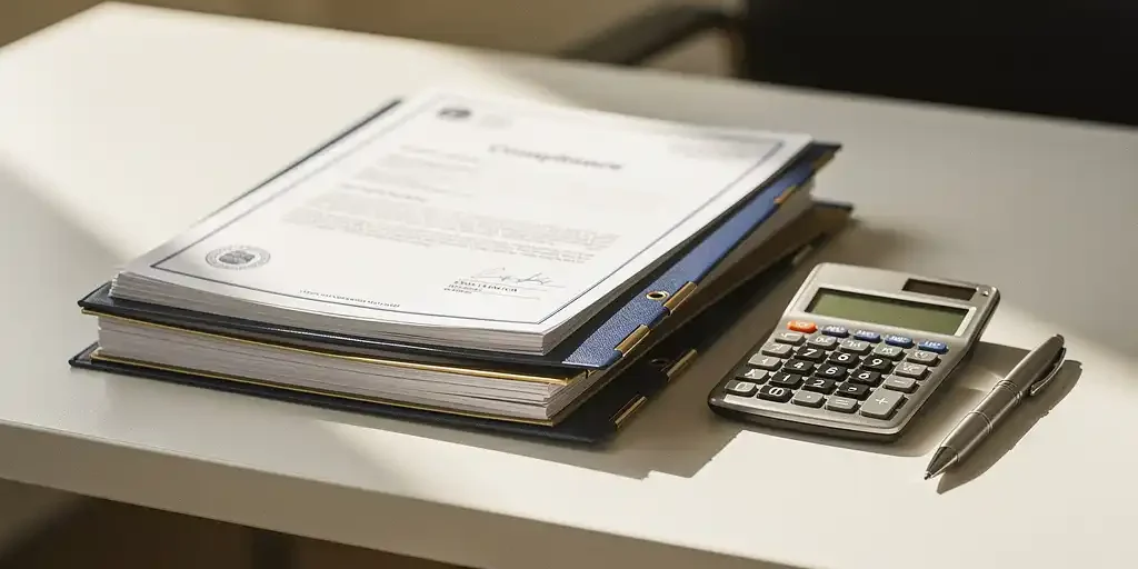 naleving-documenten-certificering-kantoor-bureau.jpg Stapel compliance-documenten en certificatiemappen op een bureau, met een rekenmachine en pen ernaast, verlicht door zacht daglicht.