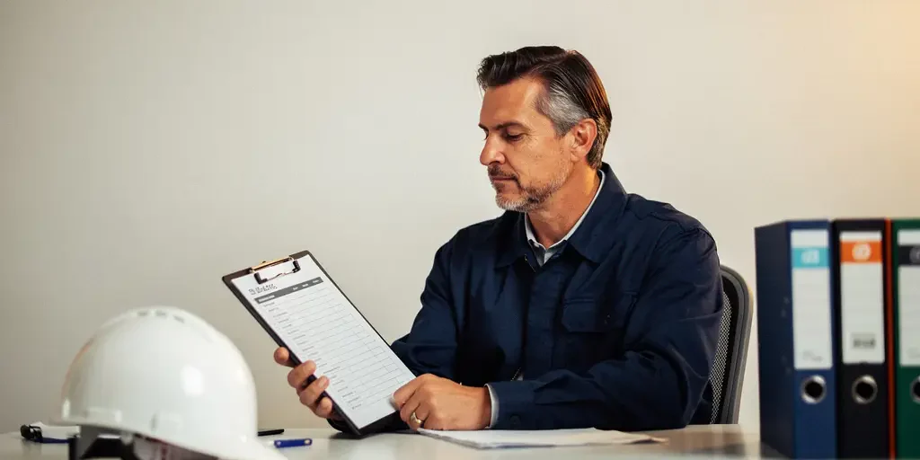 naleving-checklist-veiligheid-inspectie-bureau.jpg Compliance officer controleert papieren checklist op klembord aan industrieel bureau met helm en technische mappen.