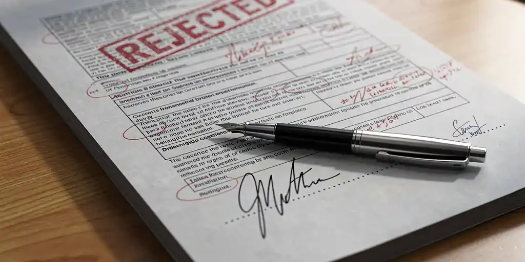 naleving-documenten-afwijzing-rood-kantoor.jpg Stapel officiële compliance-documenten met rode correctiemarkering en afwijzingsstempel op een eikenhouten bureau, pen mid-handtekening.