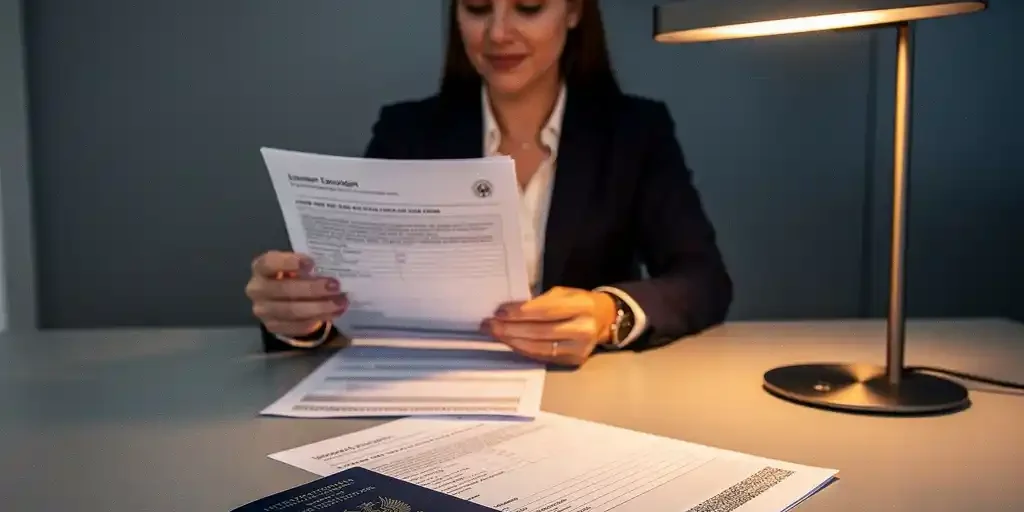 Recruitmentadviseur controleert Nederlandse arbeidscompliancedocumenten op kantoor, met paspoort en werkvergunning op bureau.