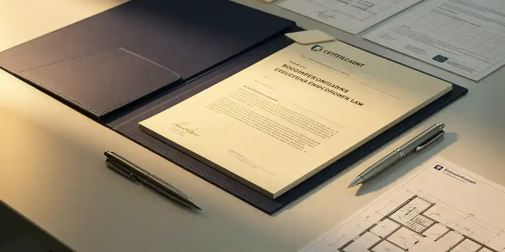 Open map met Nederlandse arbeidsrechtdocumenten op modern bureau, omringd door certificaten, pen en technische bouwtekening.