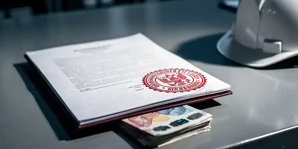 overheidscontract-euro-bouwproject-stempel.jpg Officieel overheidsdocument met rood zegel op grijs bureau, eurobiljetten en bouwhelm op de voorgrond.