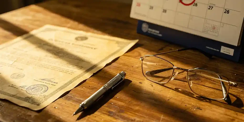 Officieel gestempeld document op een houten bureau naast een kalender met rood omcirkelde datum, leesbril en potlood in warm goudlicht.