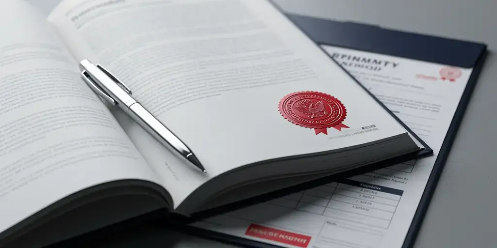 Officieel overheidsdocument met rood zegel opengeslagen op bureau, boetekennisgeving zichtbaar eronder, pen liggend over pagina's.