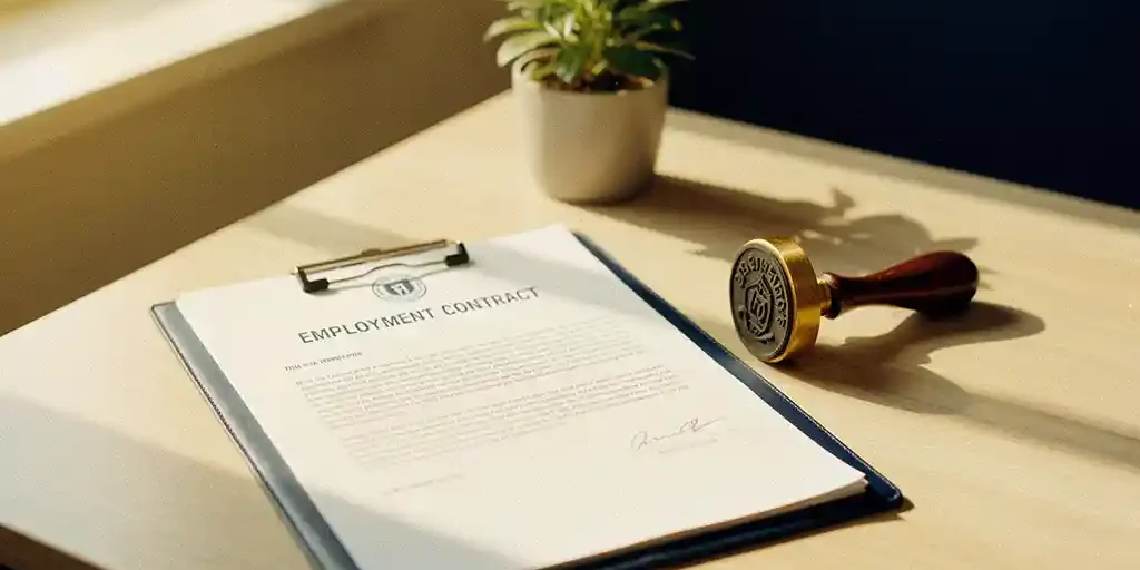 Bureau van een klein uitzendbureau met arbeidsovereenkomst, officieel stempel en klein potplantje in warme crème- en marineblauw tinten.