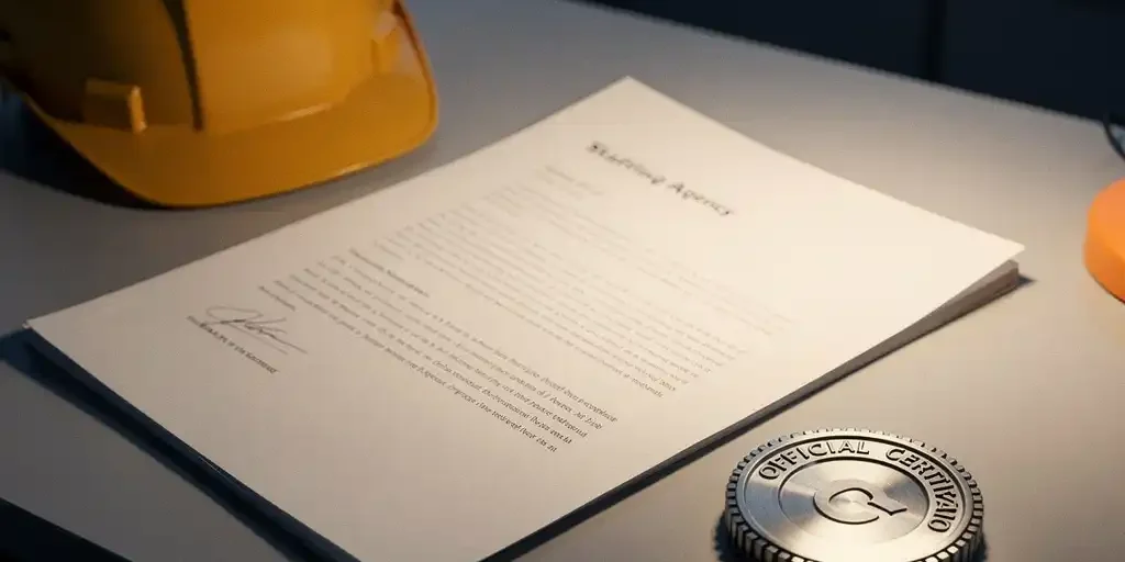 Uitzendbureau contract op bureaubureau naast officieel certificeringszegel en bouwhelm, verlicht door amber bureaulamp.