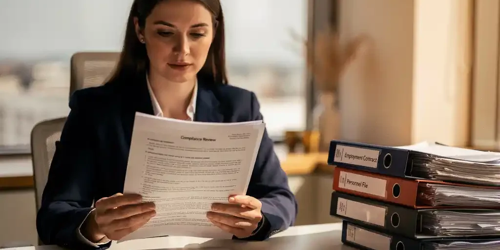 Staffingcoördinator bestudeert nauwkeurig een dik compliance-document aan een modern bureau met personeelsdossiers en arbeidscontracten.