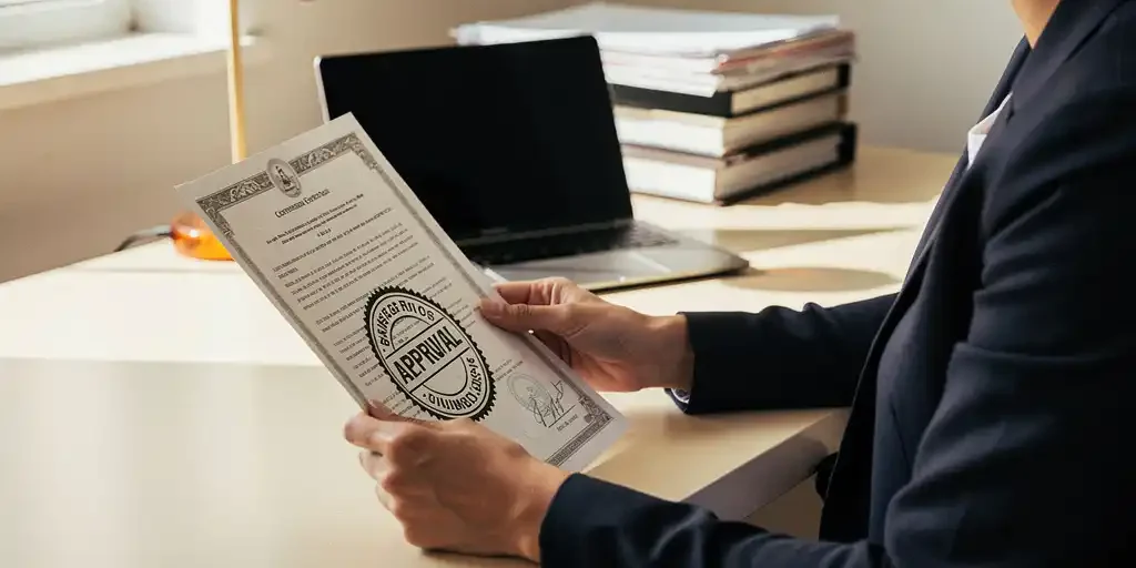 uitzendbureau-certificering-overheid-document-goedkeuring.jpg Uitzendbureau professional bekijkt gecertificeerd overheidsdocument met goedkeuringsstempel aan modern bureau, laptop op achtergrond.