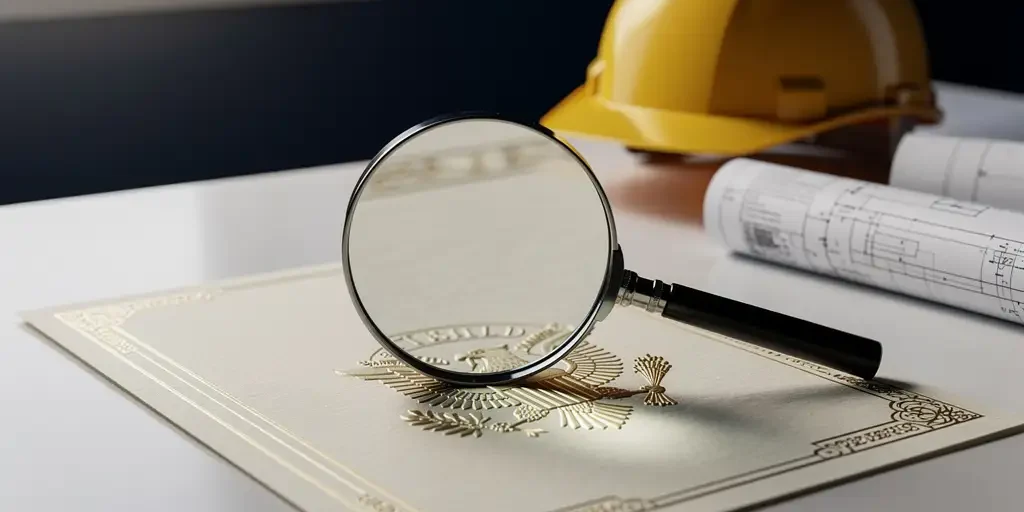 Vergroot glas over officieel overheidsdocument met reliëfzegel, bouwhelm en technische blauwdruk op de achtergrond.