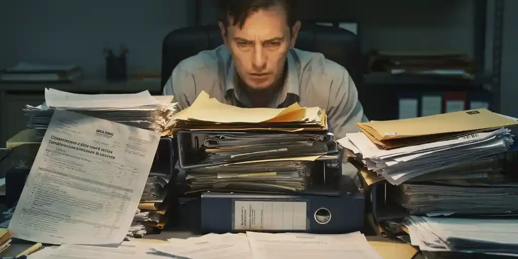 administratief-medewerker-werkdruk-dossiers-stress.jpg Uitgeputte kantoormedewerker omringd door stapels administratiemappen en loonadministratie op een rommelig industrieel bureau.