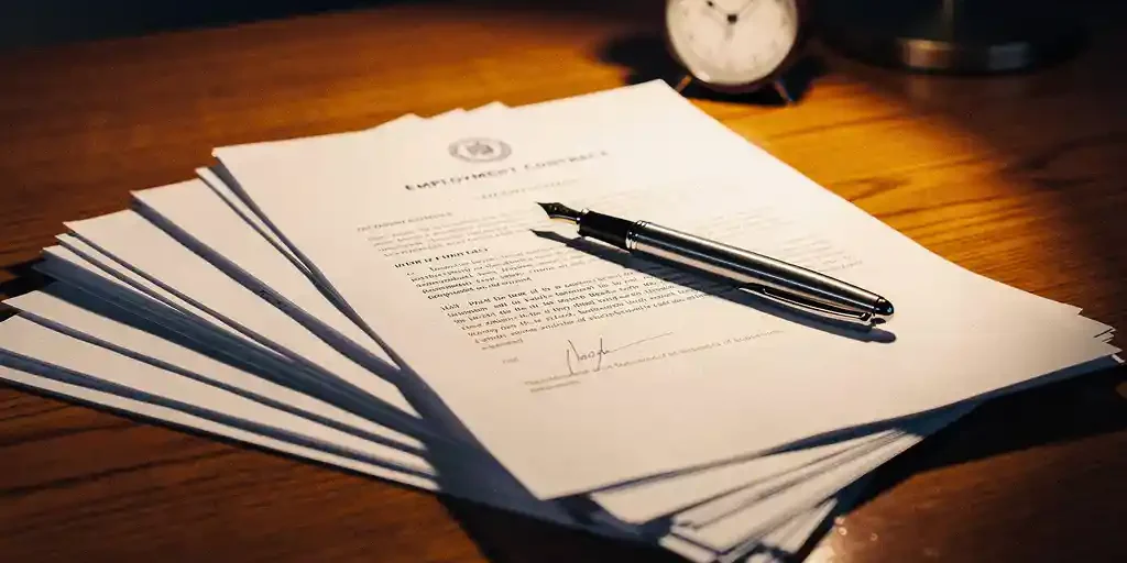 arbeidscontract-juridische-documenten-bureau.jpg Stapel arbeidscontracten en juridische documenten op een eikenhouten bureau, met een pen en klok op de achtergrond.
