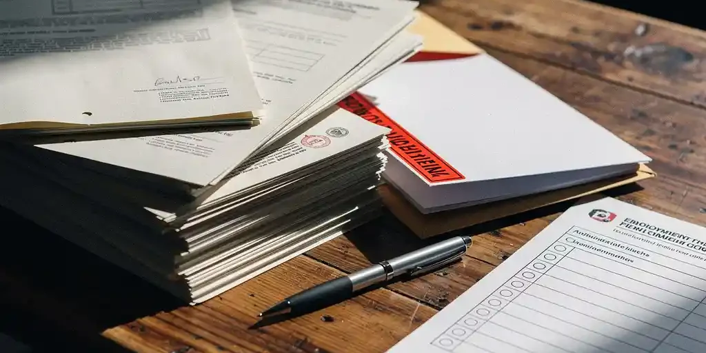 arbeidscontract-loonadministratie-waarschuwing-papieren.jpg Stapel arbeidscontracten en loonstroken op een eiken bureau, met een rode waarschuwingstab en pen naast een administratieve checklist.