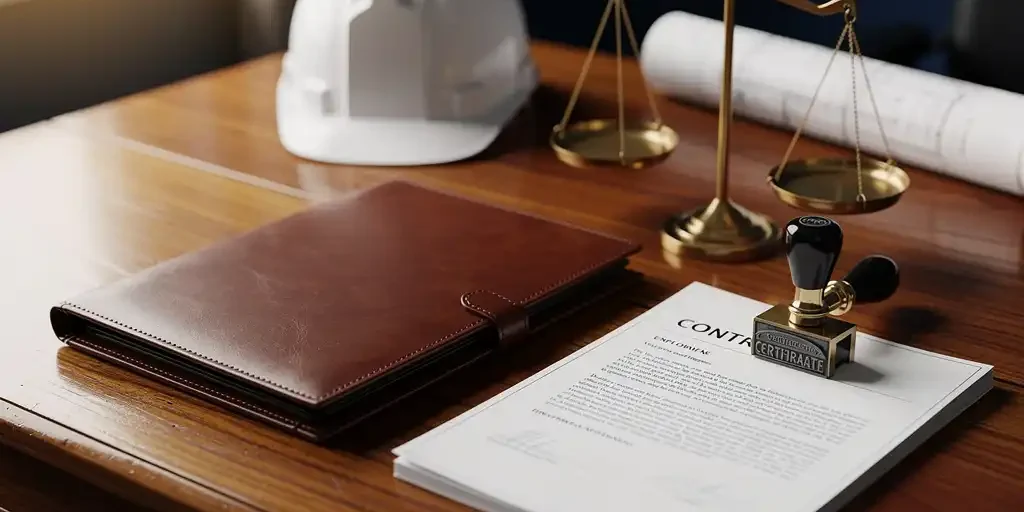 arbeidsovereenkomst-certificering-juridisch-bureau.jpg Leren contractmap en messing weegschaal op eikenhouten bureau met arbeidsovereenkomst, certificeringsstempels en technische bouwtekening op de achtergrond.