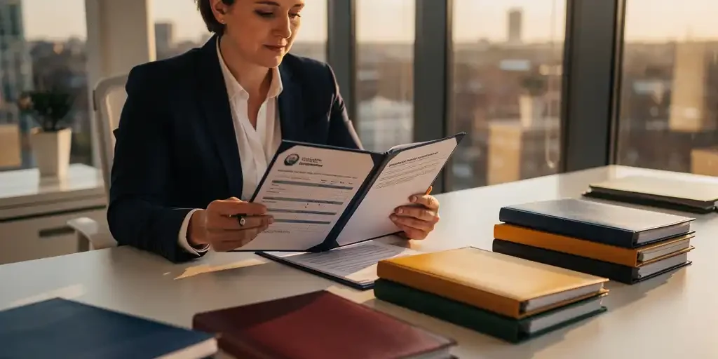 uitzendbureau-compliance-documenten-kantoor.jpg Gecertificeerde uitzendbureau-manager controleert nalevingsdocumenten in gekleurde dossiers op modern Nederlands kantoor met warm middaglicht.